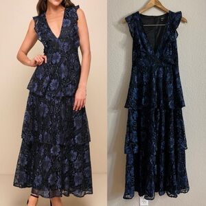 Molinetto Navy Blue Lace Ruffled Tiered Sleeveless Maxi Dress